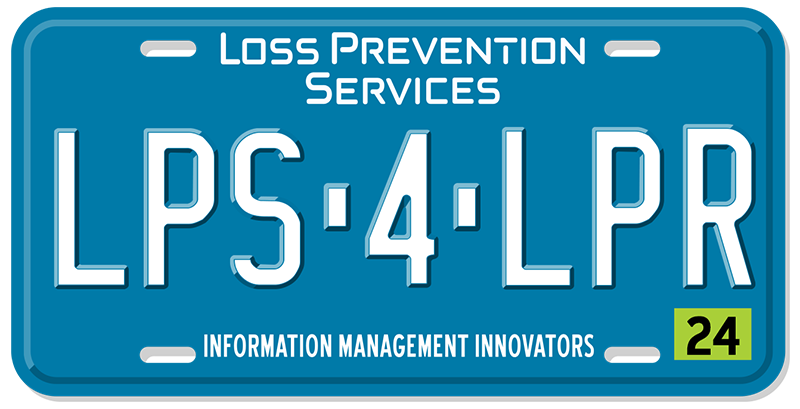 A car license plate with a blue background and white, raised letters featuring the Loss Prevention Services logo and the slogan " Information Management Innovators". The plate number is LPS - 4 - LPR.