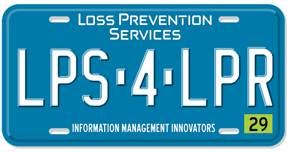 A car license plate with a blue background and white, raised letters featuring the Loss Prevention Services logo and the slogan " Information Management Innovators". The plate number is LPS - 4 - LPR.